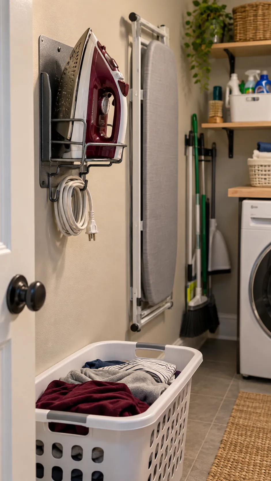 Store the Iron in a Heat Safe Holder for organized storage in a small laundry room