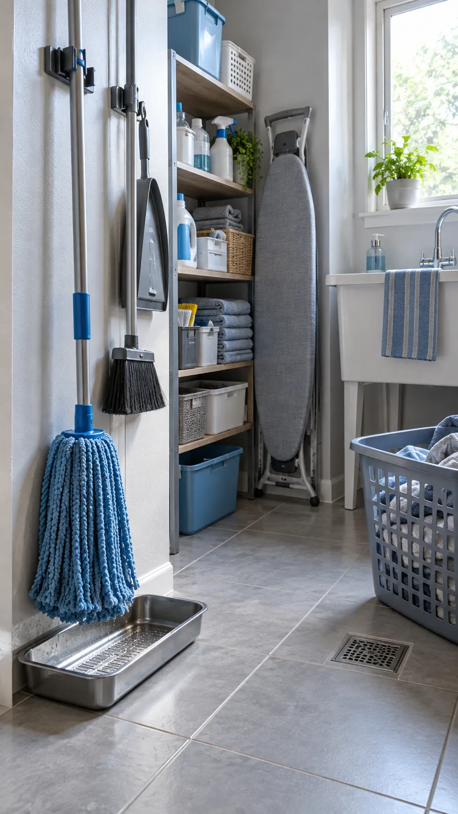 Separate Wet Tools From Dry Supplies for organized storage in a small laundry room