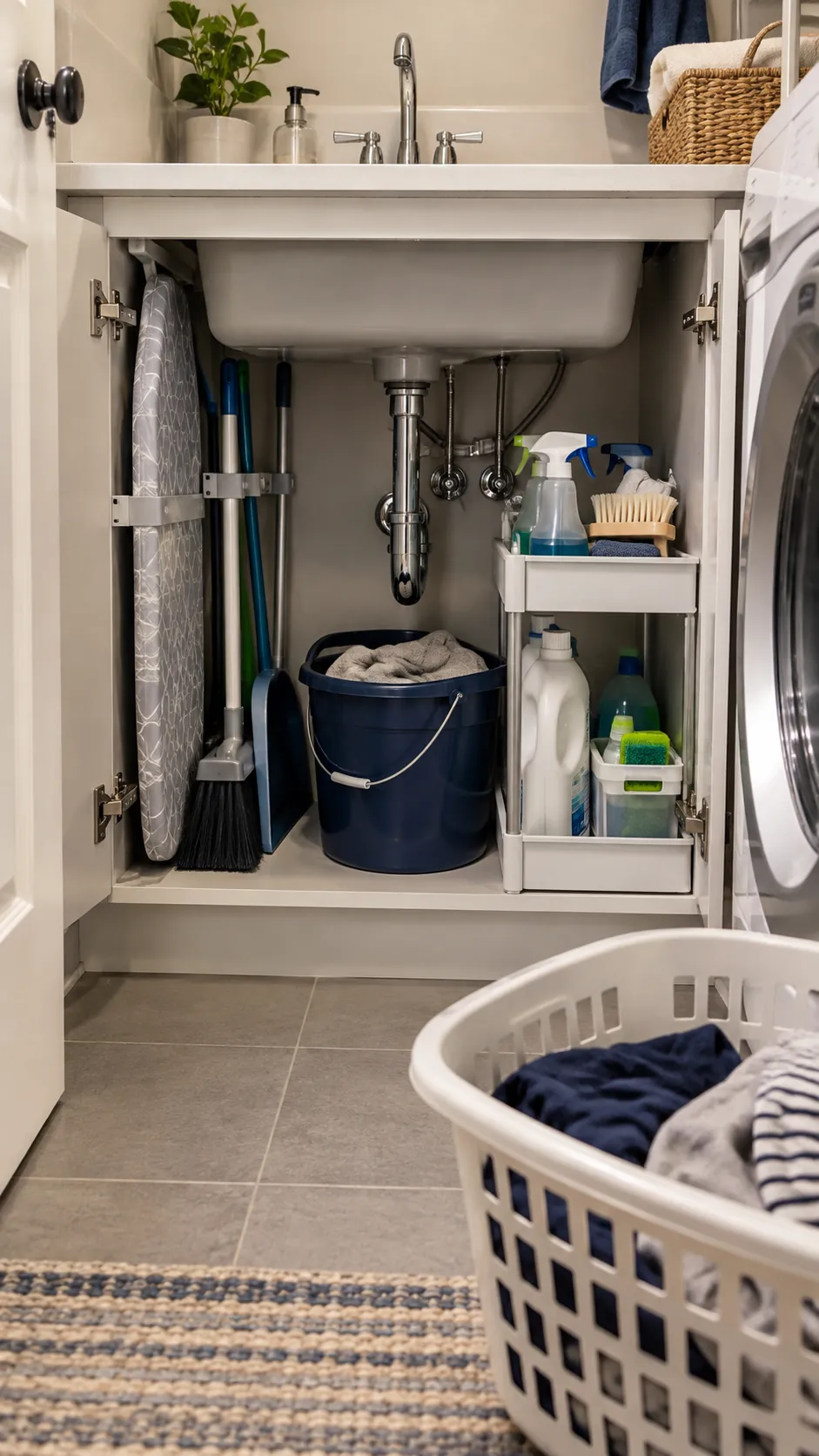 Use the Utility Sink Base Carefully for organized storage in a small laundry room