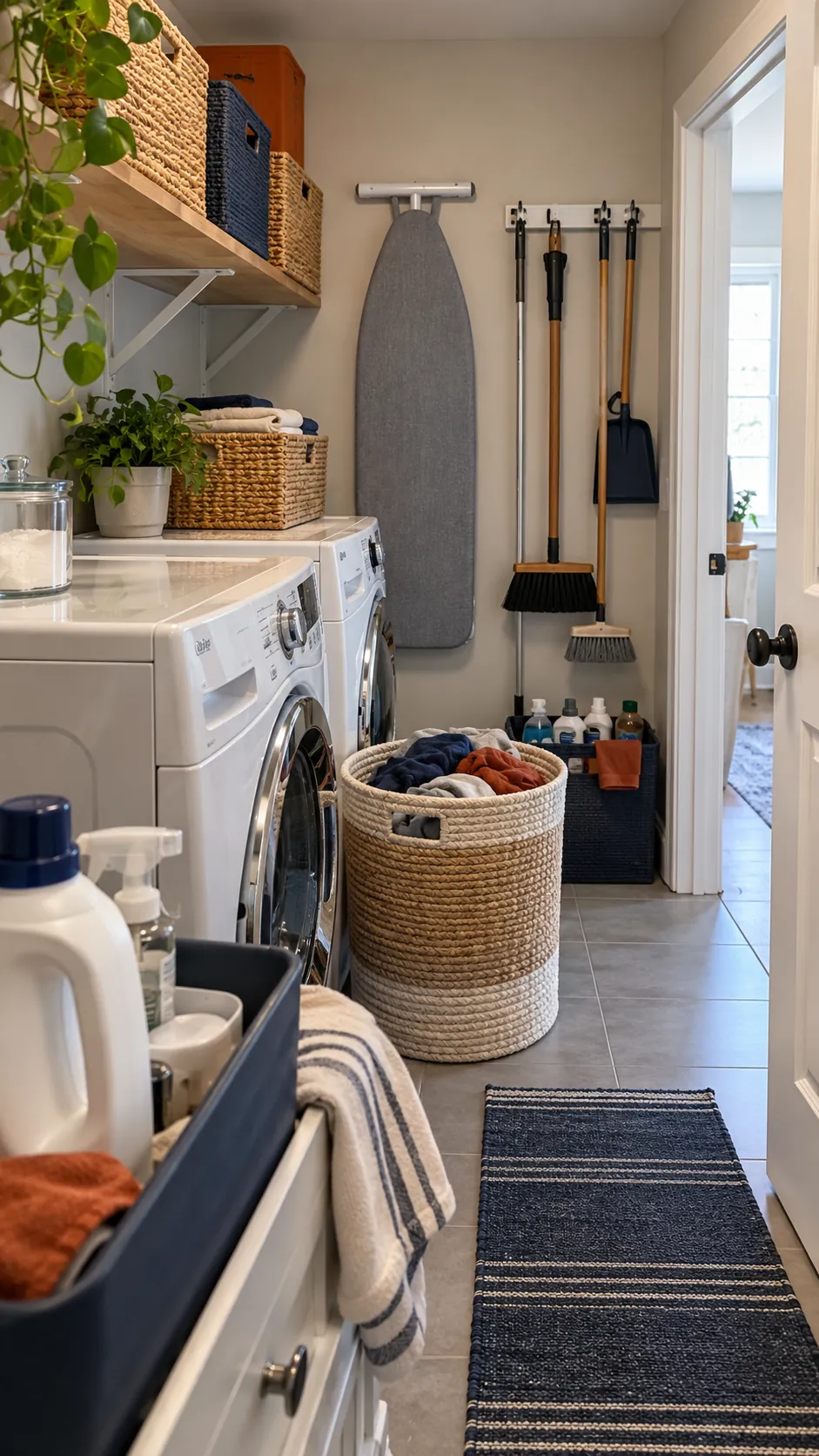 Label Zones by Task Rather Than Product for organized storage in a small laundry room