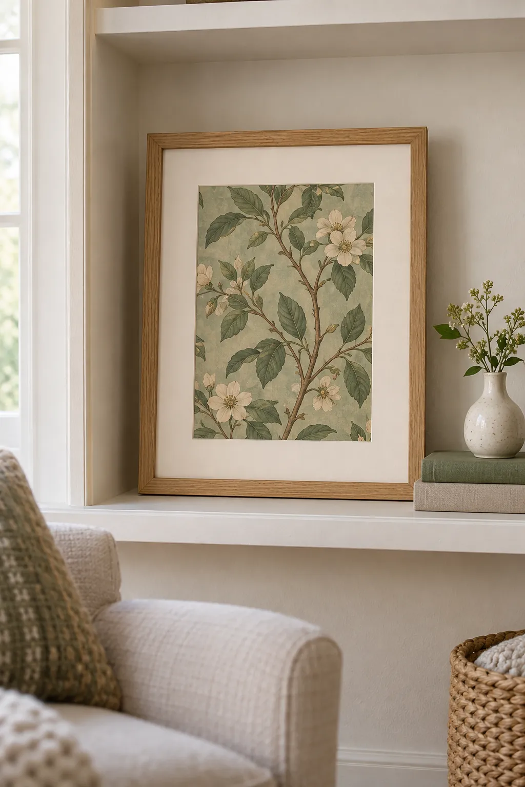 Botanical wallpaper offcut displayed as framed art