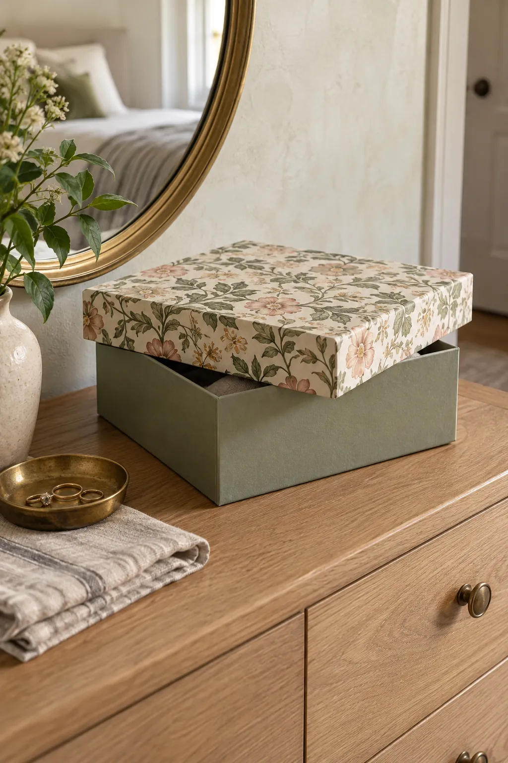 Decorative box with floral wallpaper covered lid