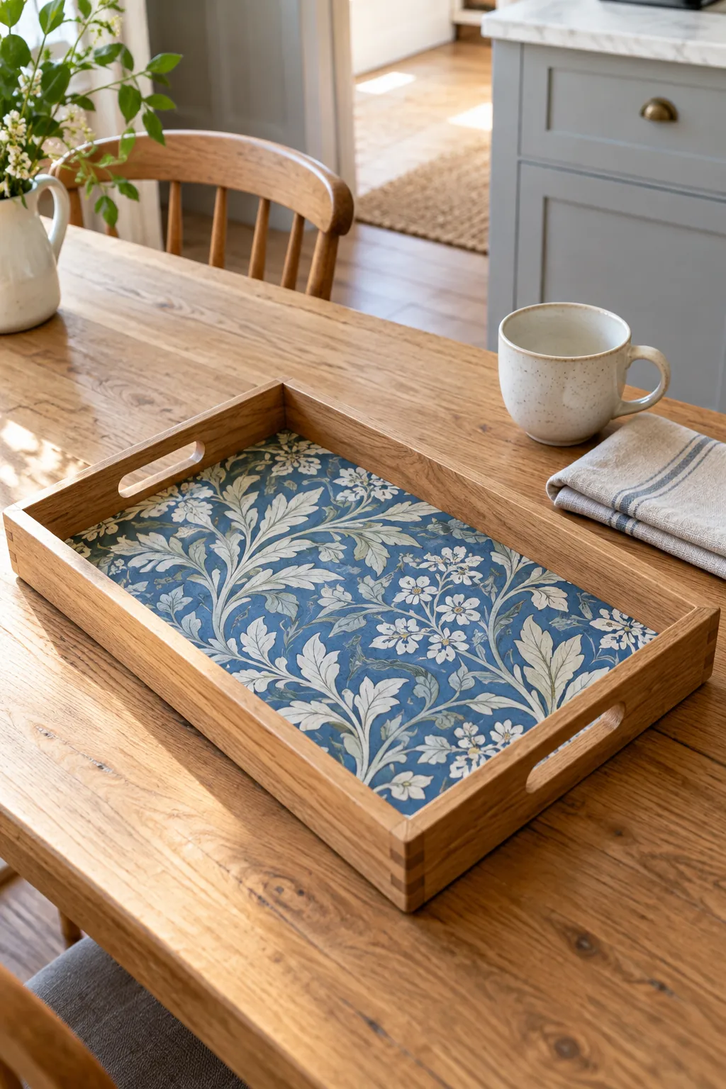 Wooden serving tray lined with blue botanical wallpaper