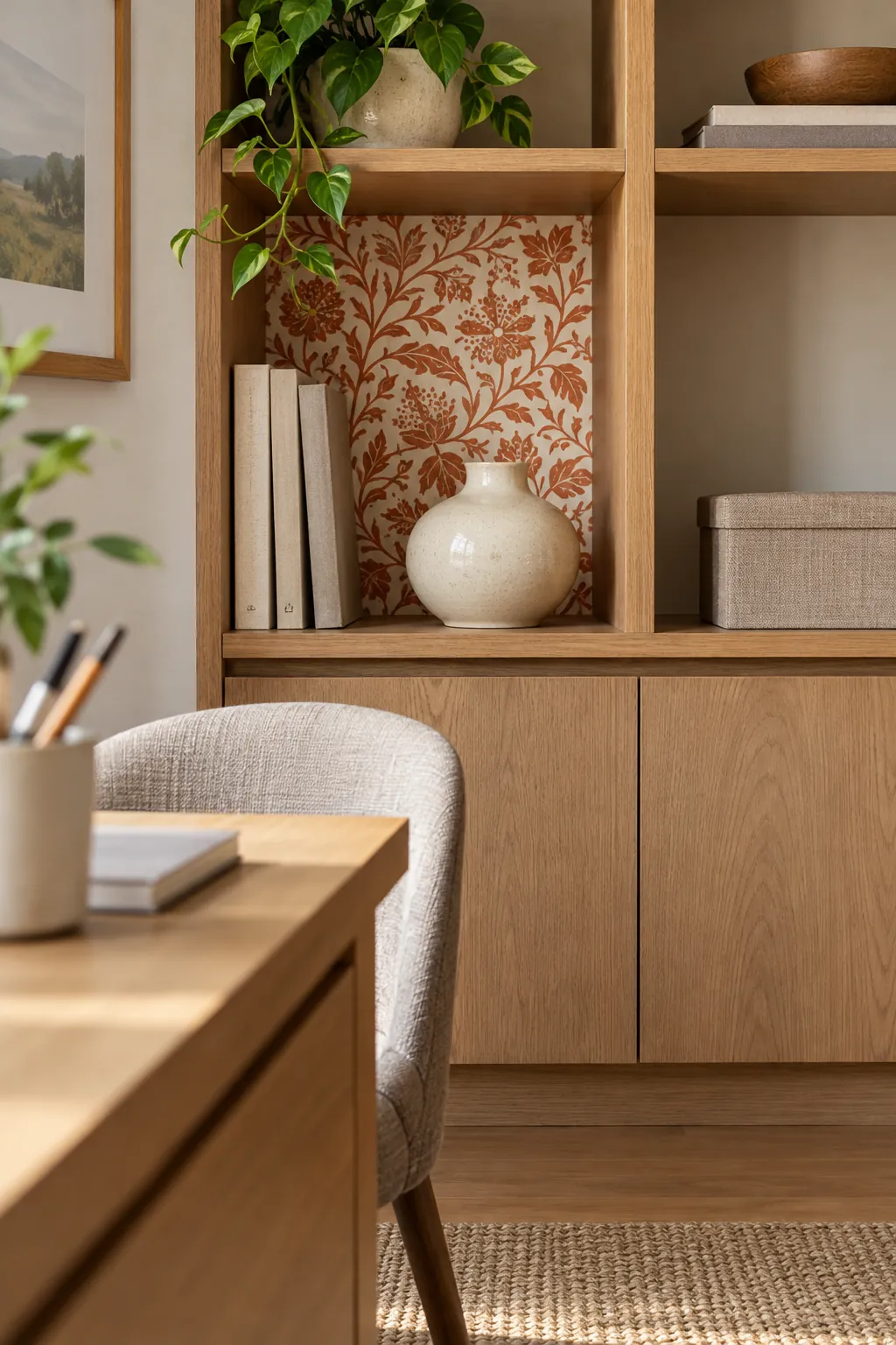 Wallpaper offcut panel used as a patterned shelf backdrop