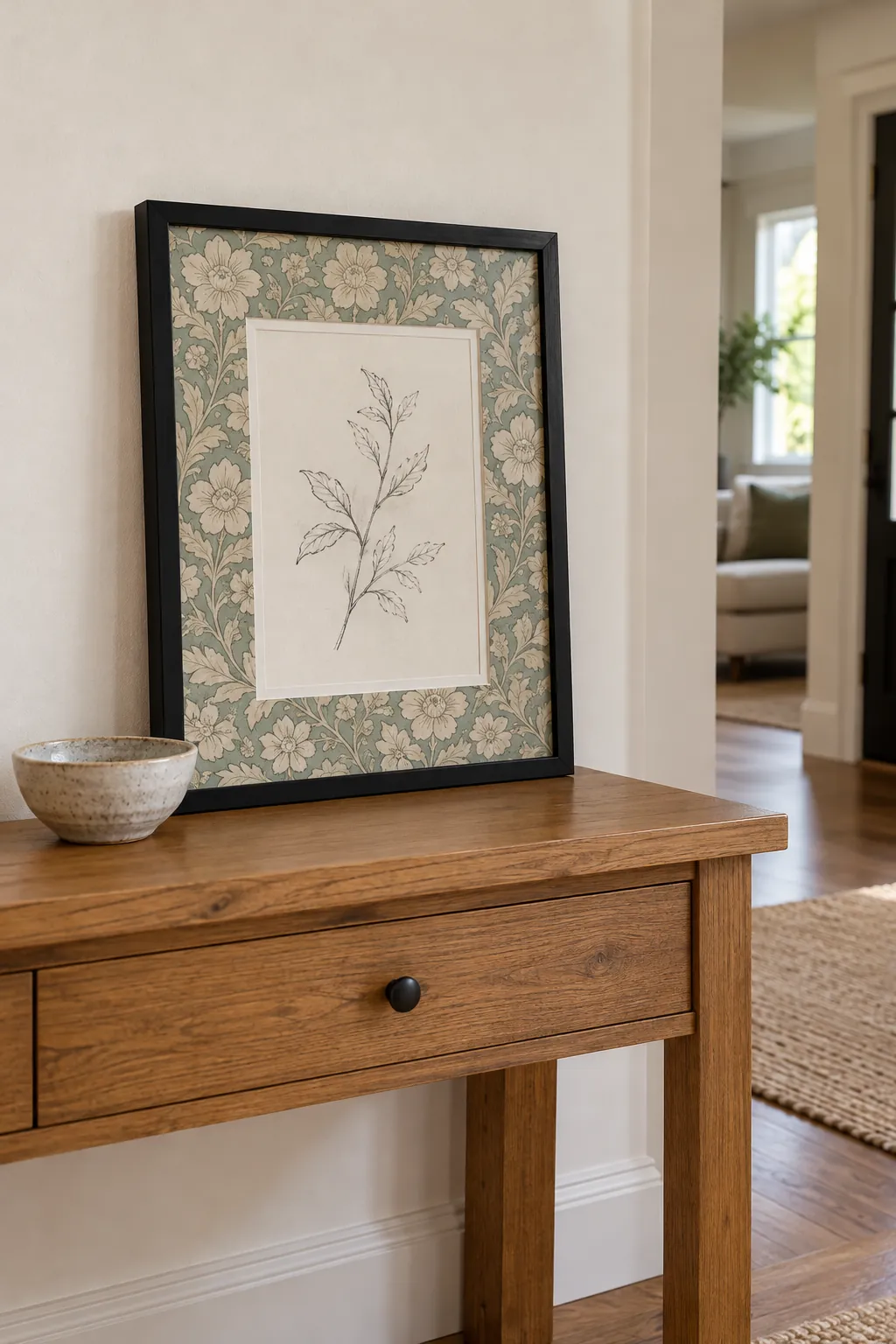 Picture mat covered with a muted wallpaper offcut