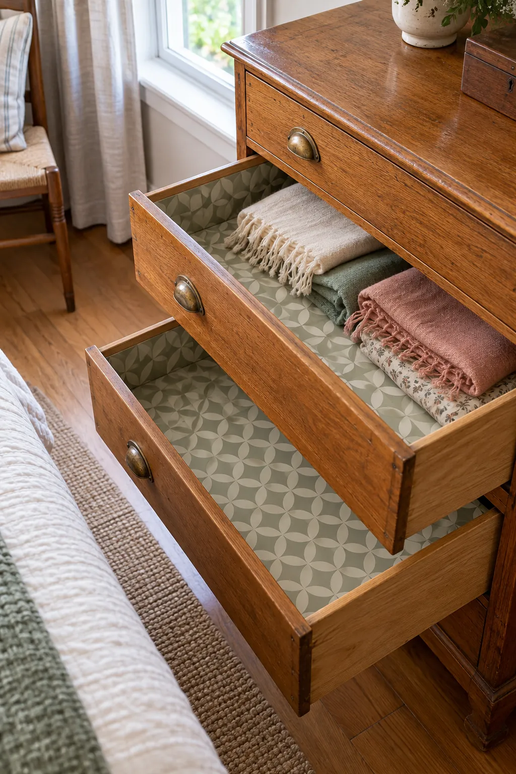 Vintage drawers lined with coordinated wallpaper offcuts