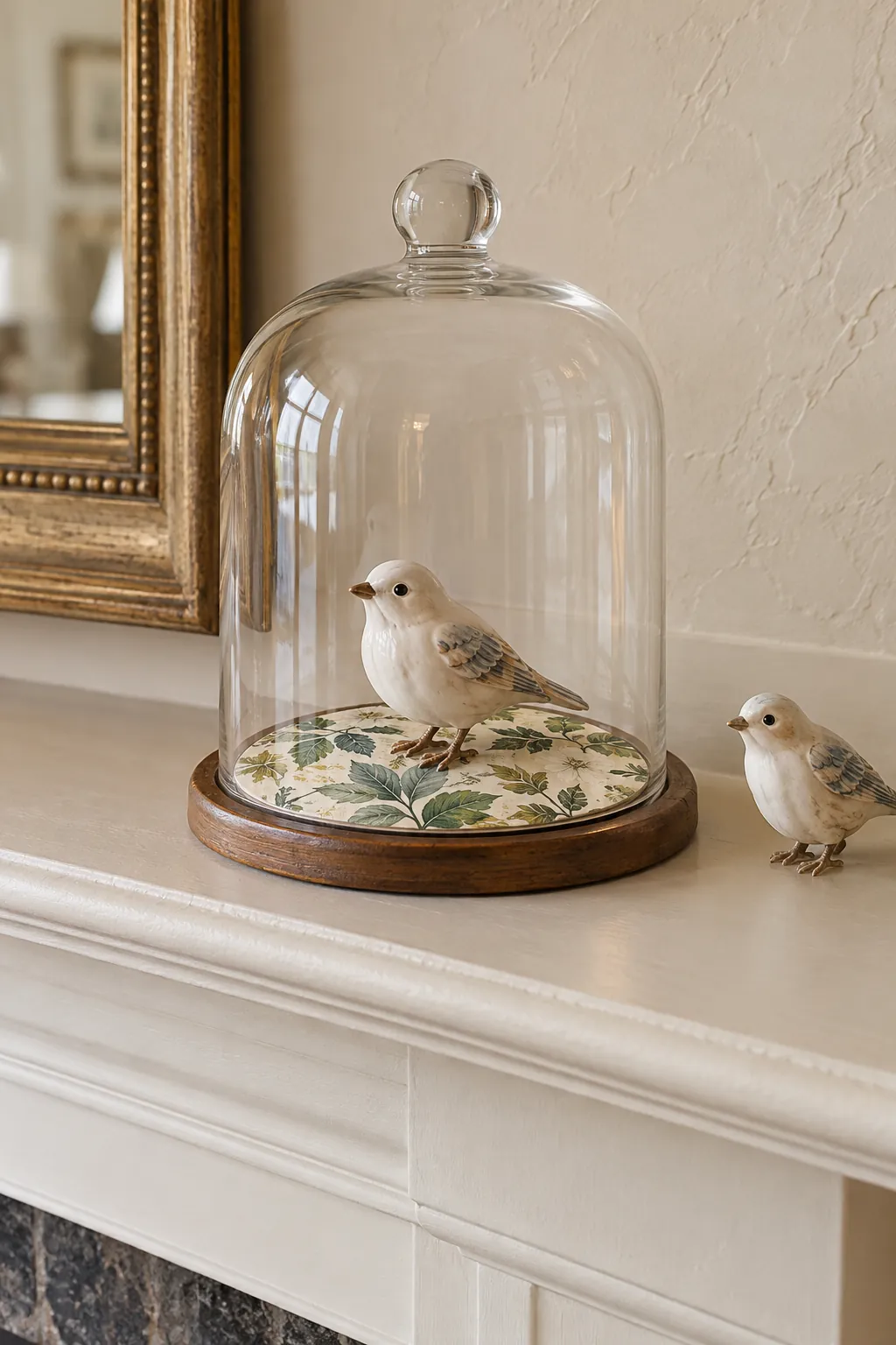 Botanical wallpaper offcut used inside a glass cloche