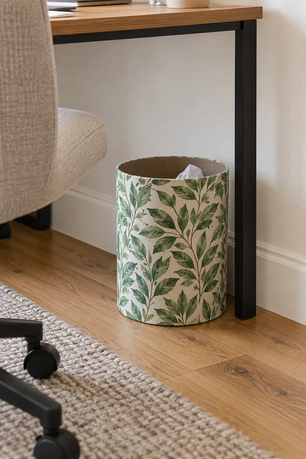 Small wastebasket covered with leafy leftover wallpaper