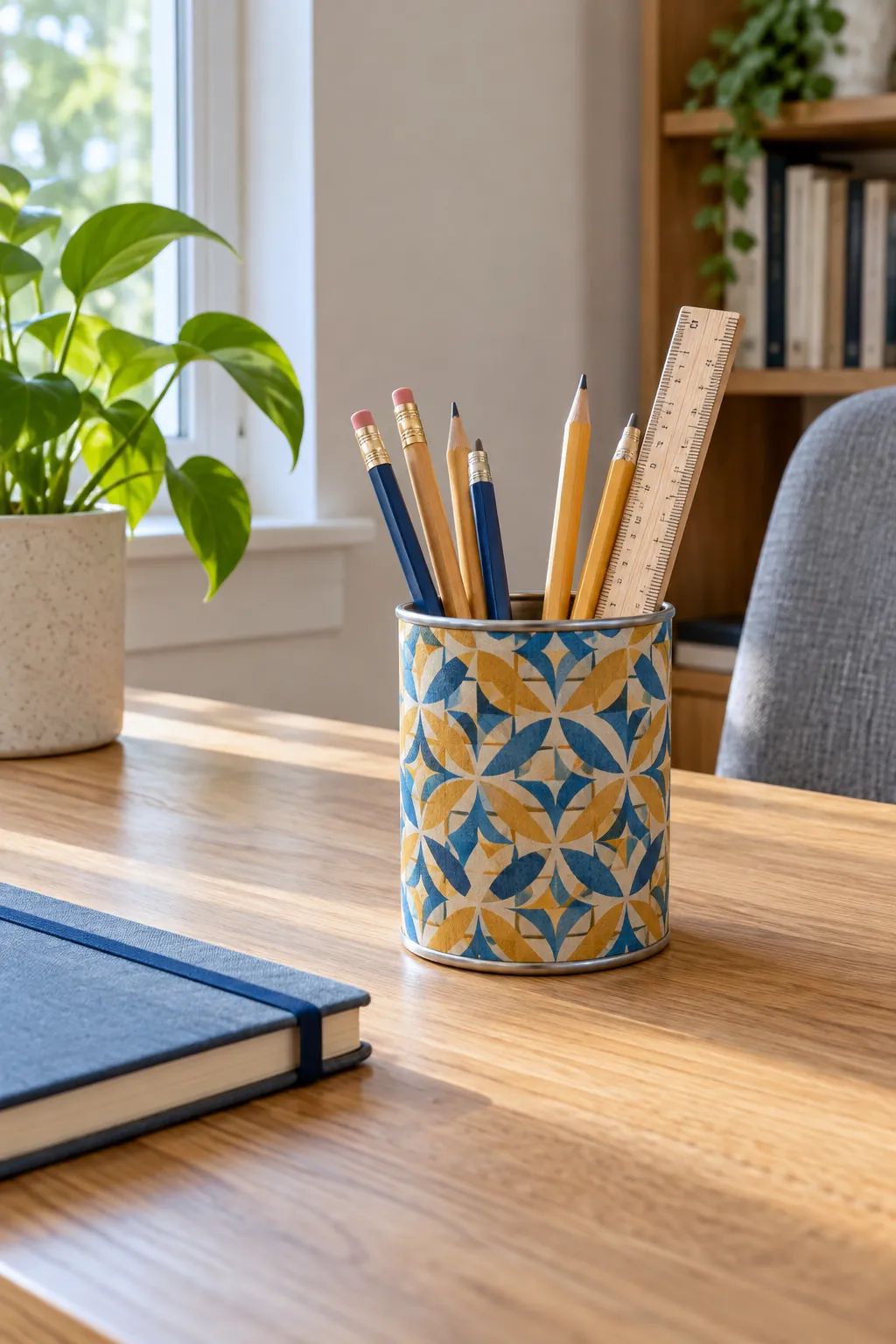 Pencil cup wrapped with leftover geometric wallpaper