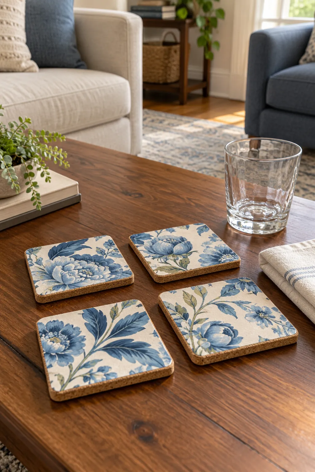 Sealed cork drink coasters topped with wallpaper offcuts
