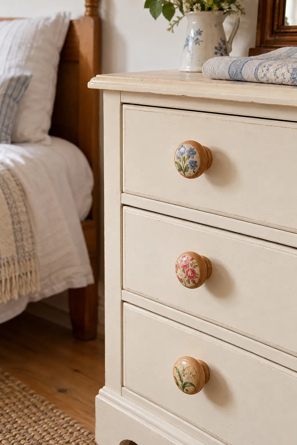 Wooden drawer knobs decorated with wallpaper motifs