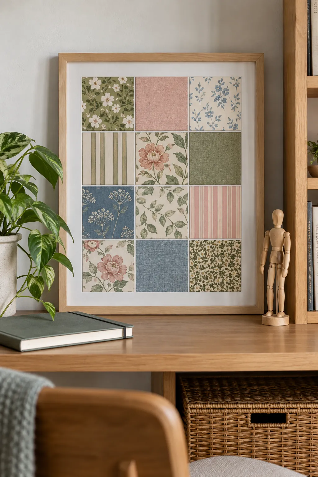 Mini patchwork art panel made from wallpaper scrap squares