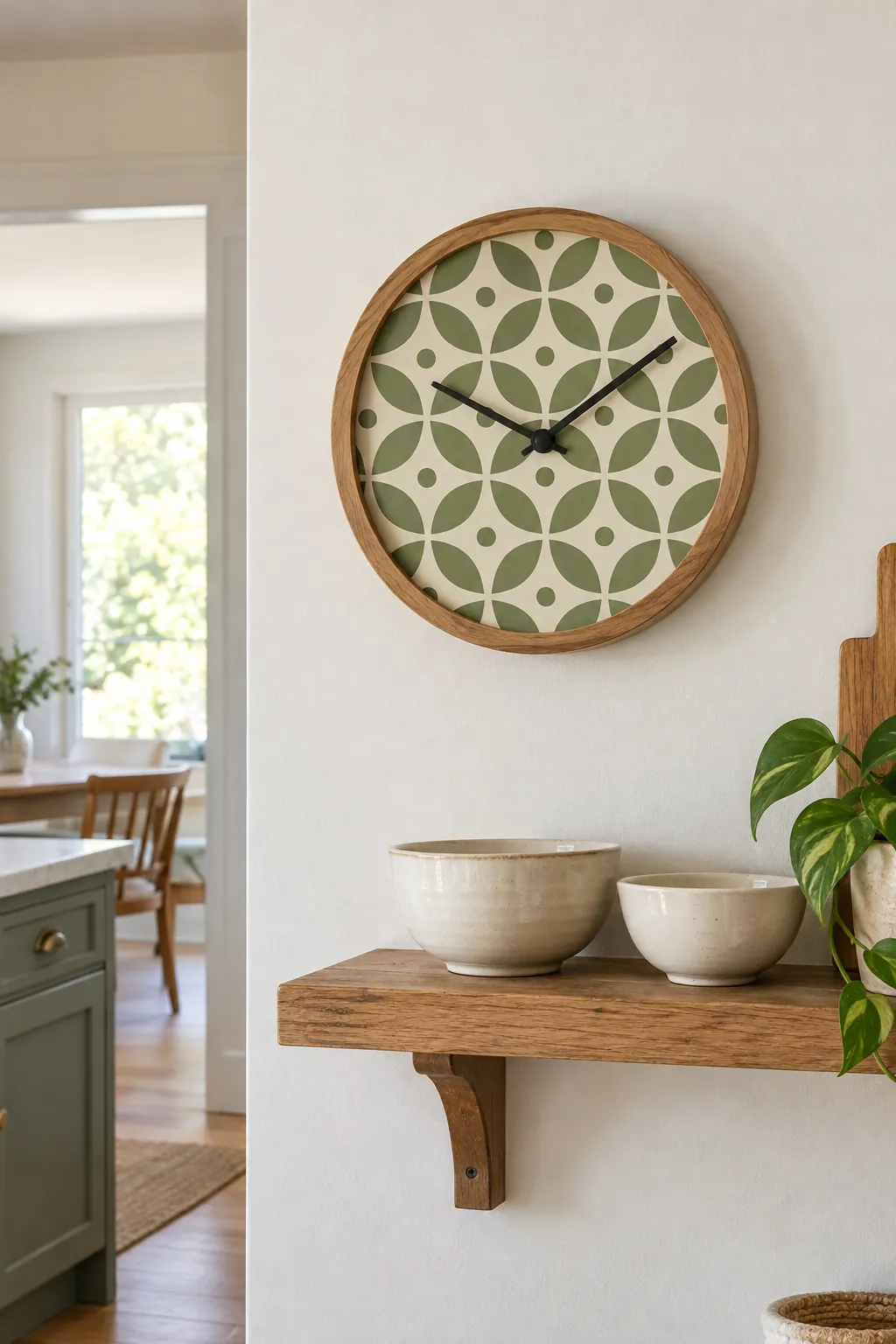 Round wall clock with a geometric wallpaper face