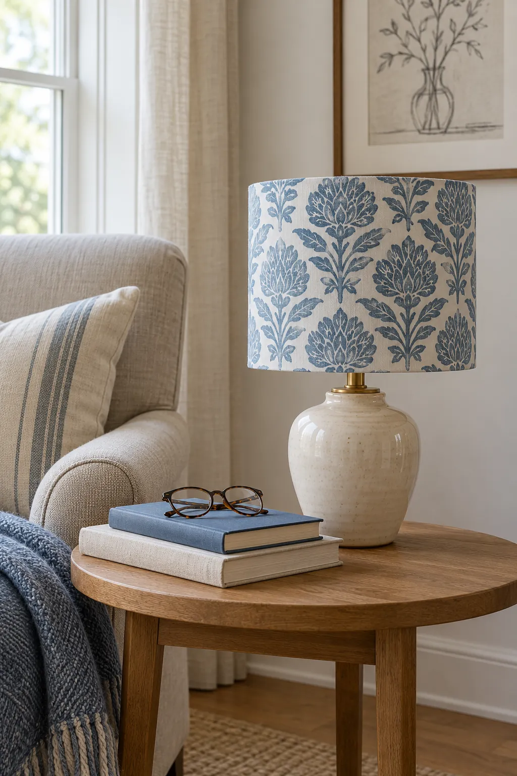 Small craft lampshade covered with muted wallpaper