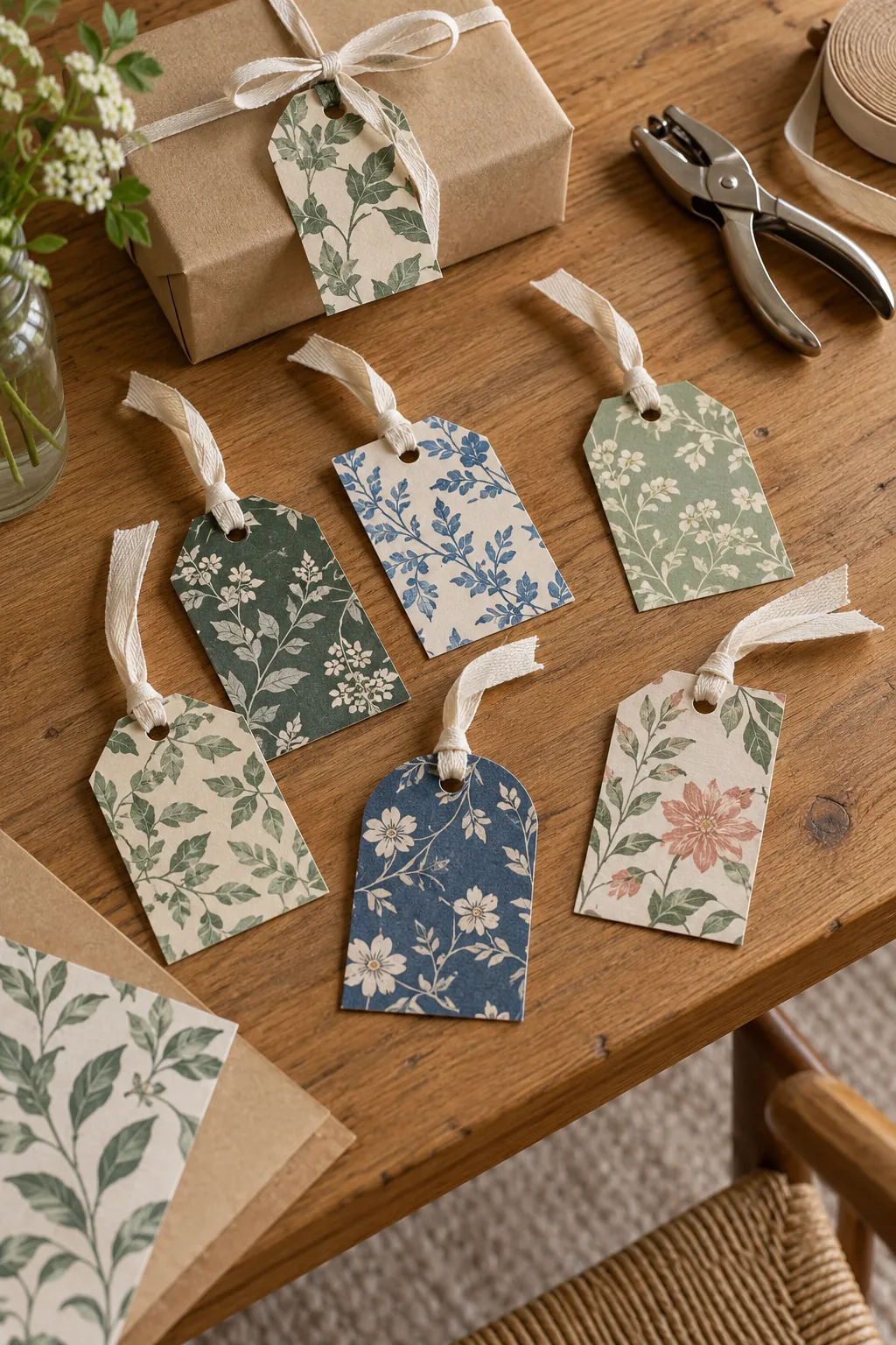 Reusable gift tags made from wallpaper offcuts and card