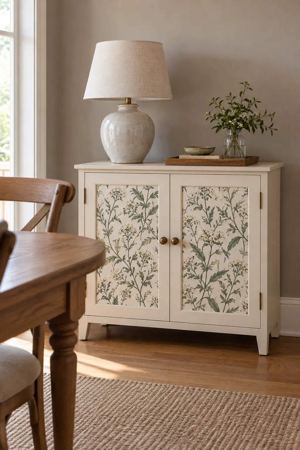 Cabinet door insets decorated with botanical wallpaper panels