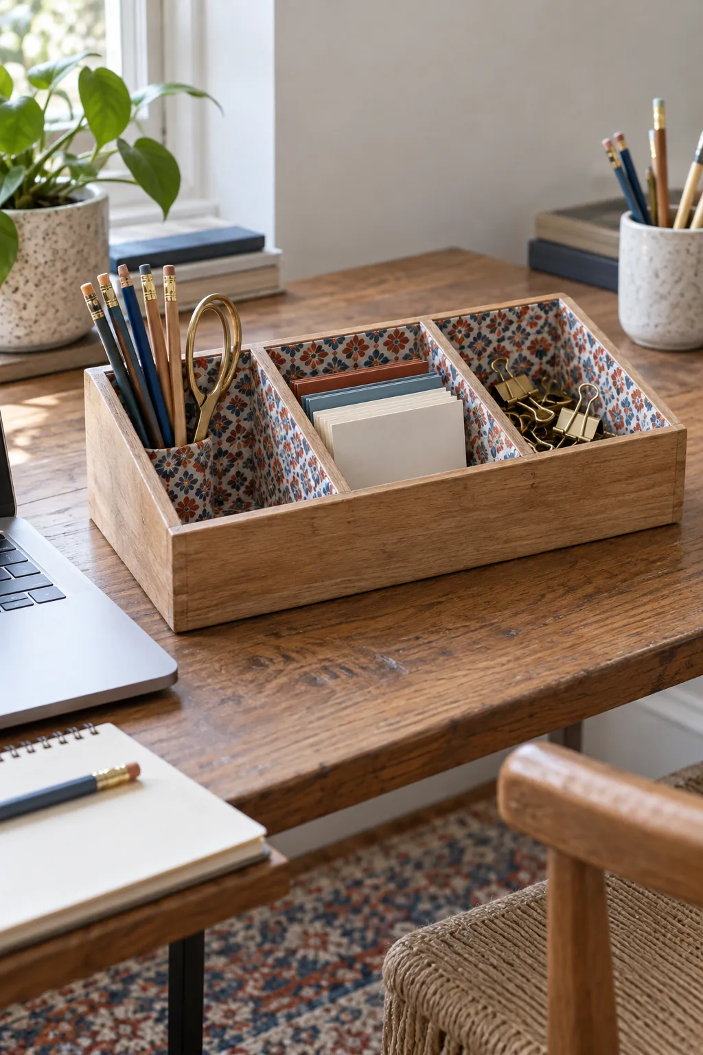 Wood desk organizer lined with leftover patterned wallpaper