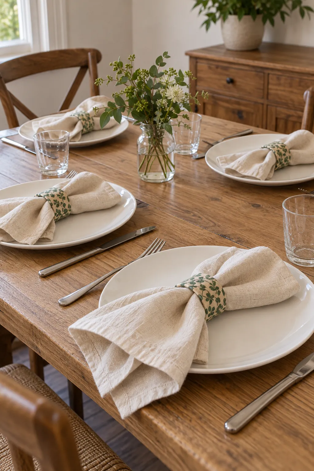 Napkin rings covered with green botanical wallpaper offcuts