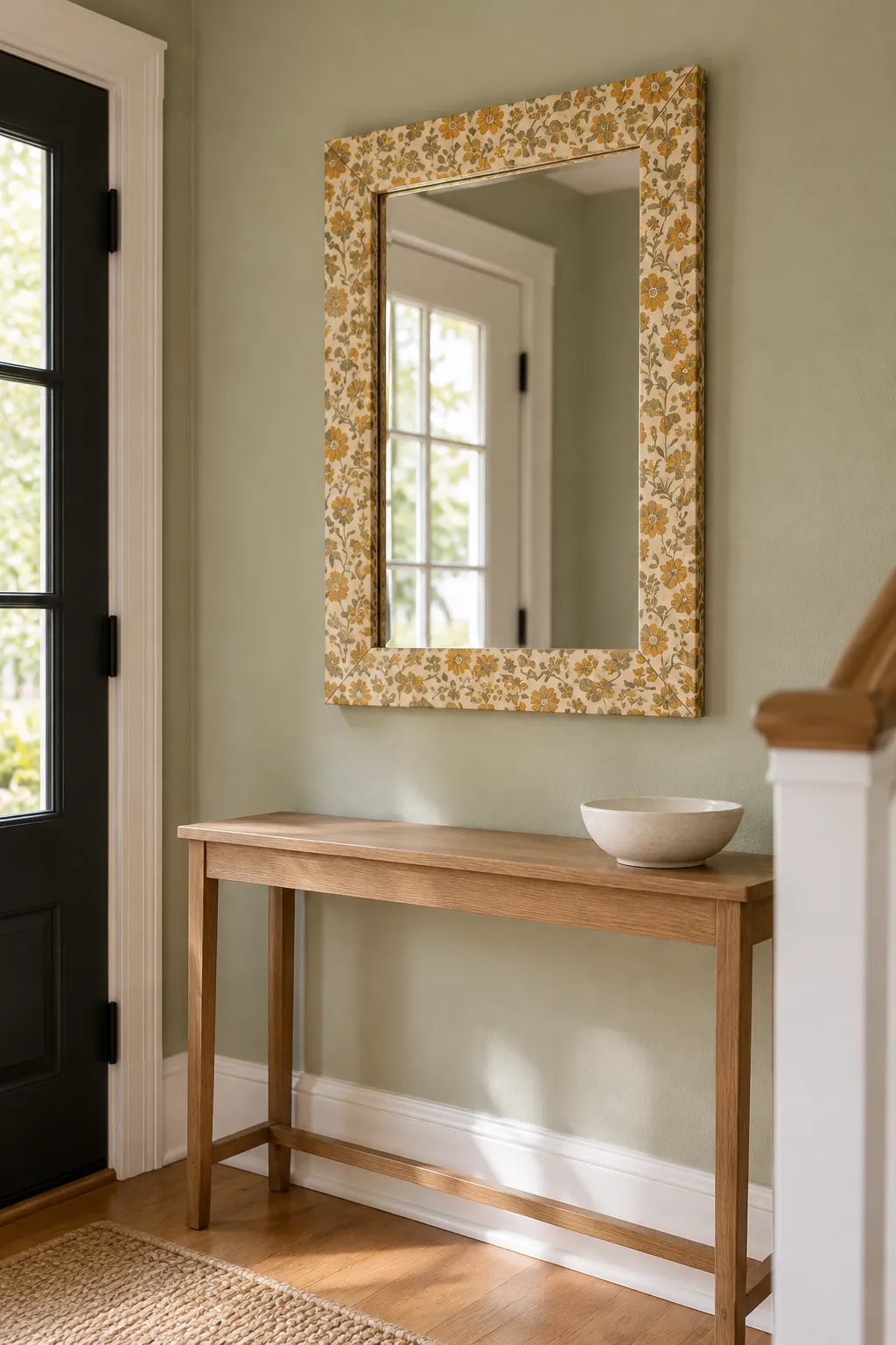 Mirror border decorated with narrow floral wallpaper strips
