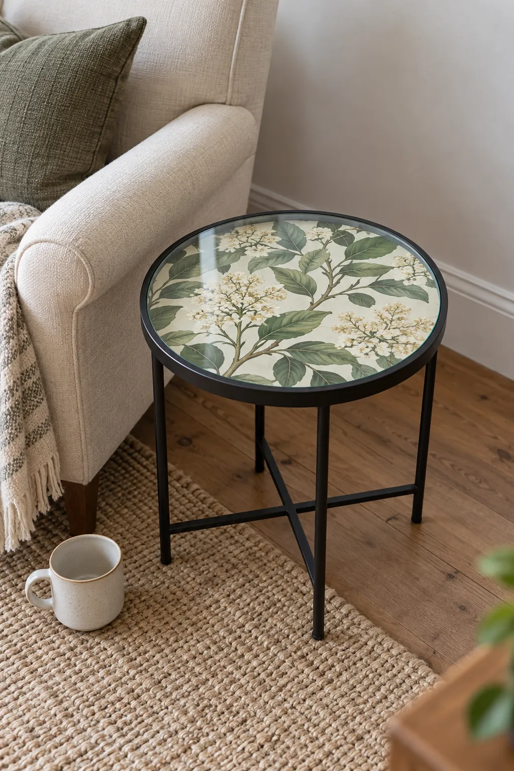 Botanical wallpaper offcut displayed under a glass tabletop