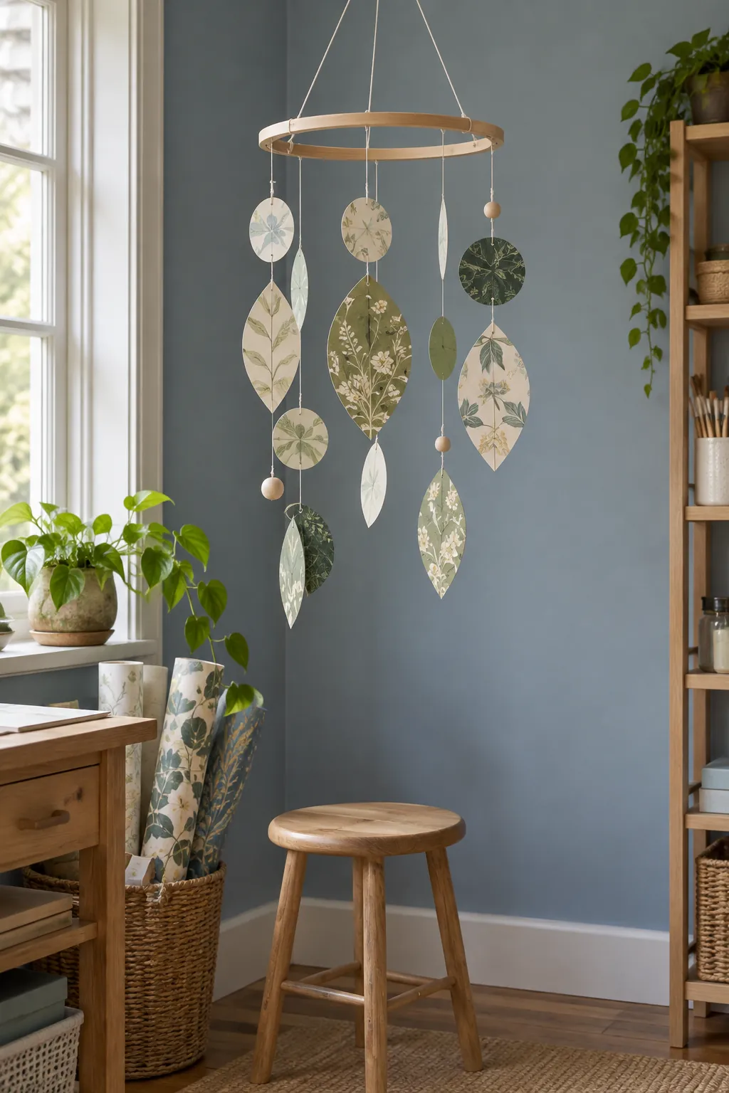 Small decorative mobile made from wallpaper backed shapes