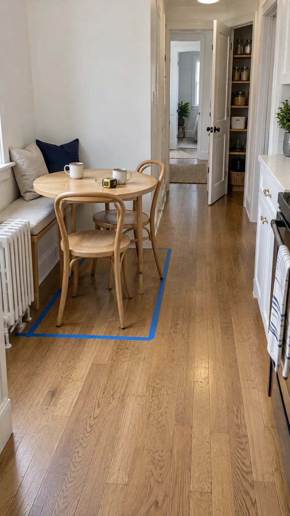 Compact dining nook with a clear walkway beside a round table