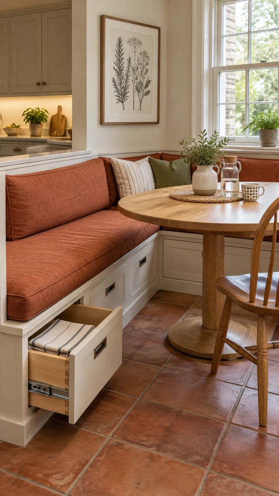 Comfortable banquette seating with fitted cushions and accessible storage drawers