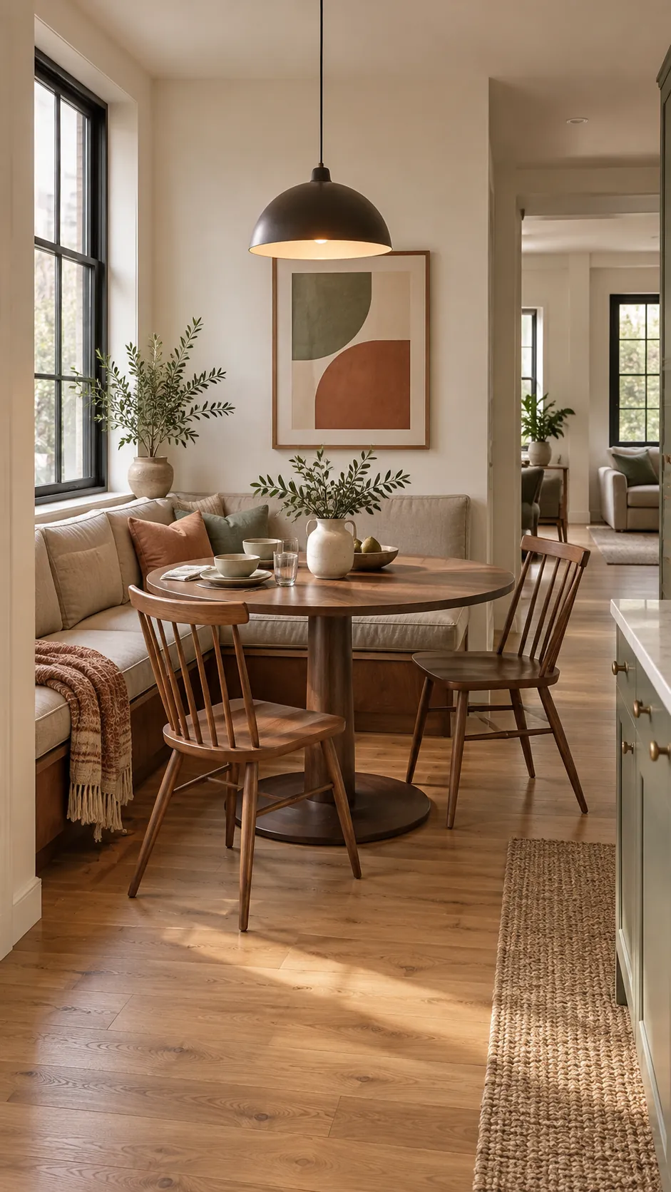 Warm compact dining nook with a round table and comfortable banquette