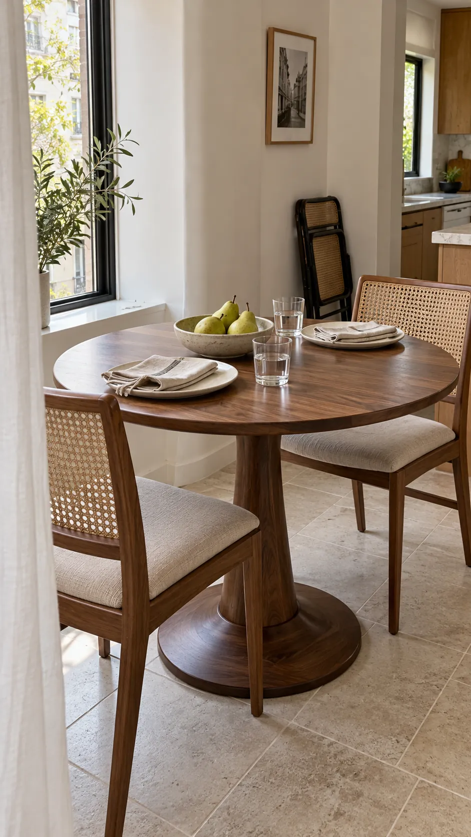 Small round pedestal table fitting neatly into an apartment dining corner