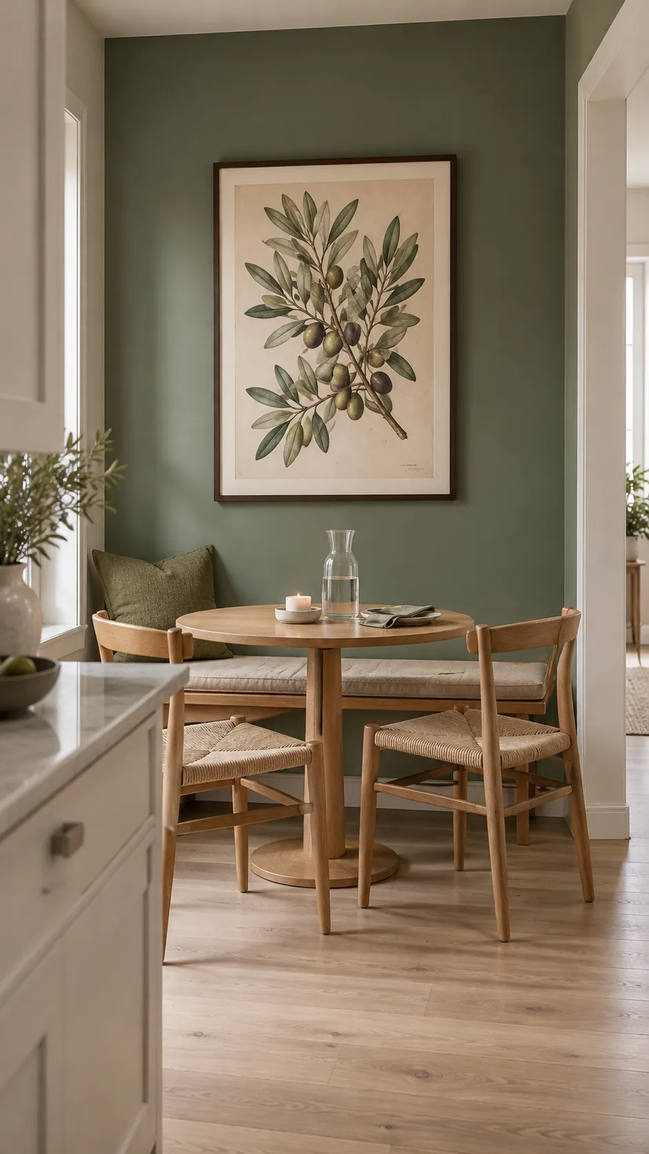 Dining corner with one framed botanical study and a muted green accent wall
