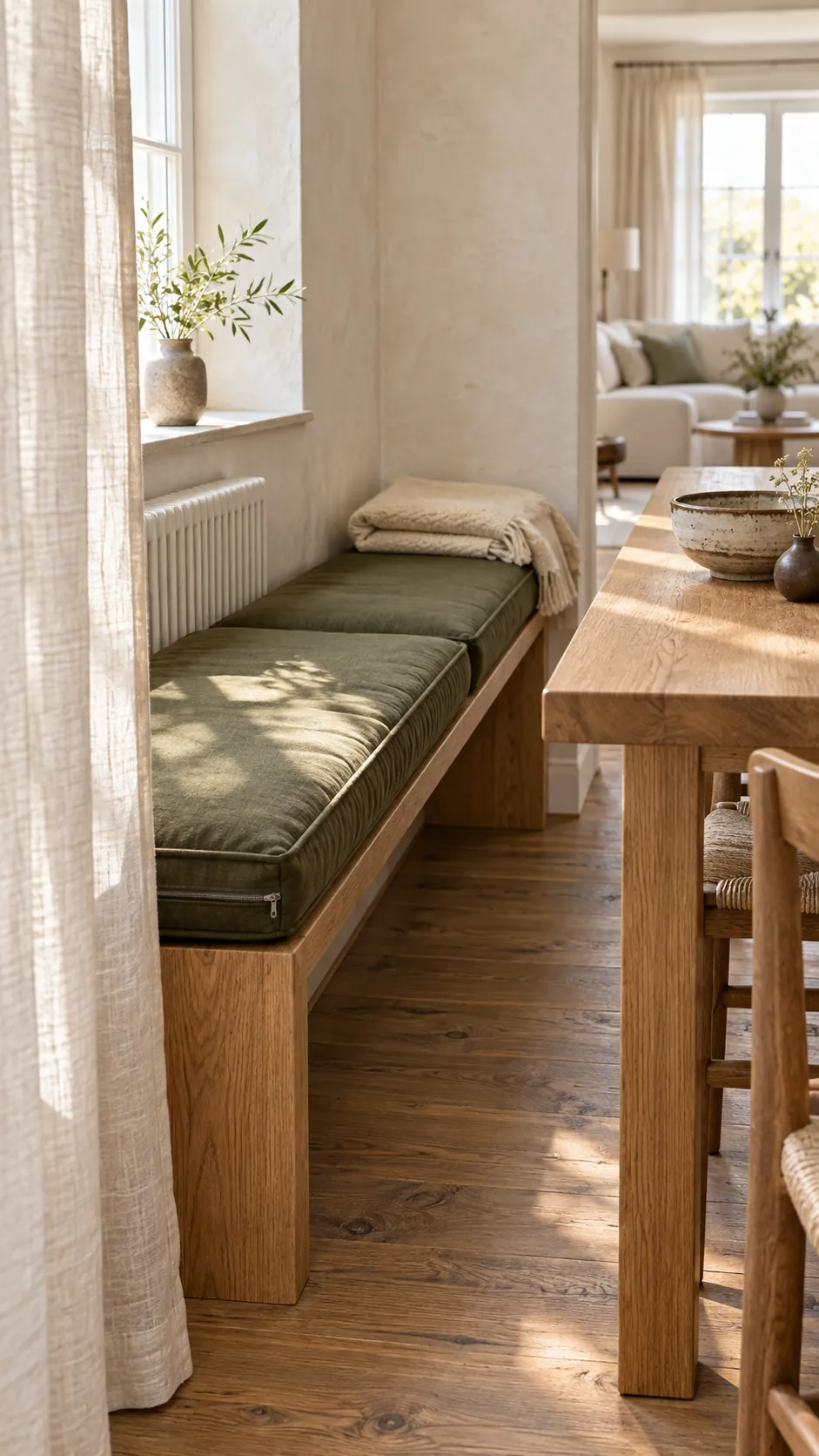 Cozy dining nook layered with washable cushions linen curtains and warm wood