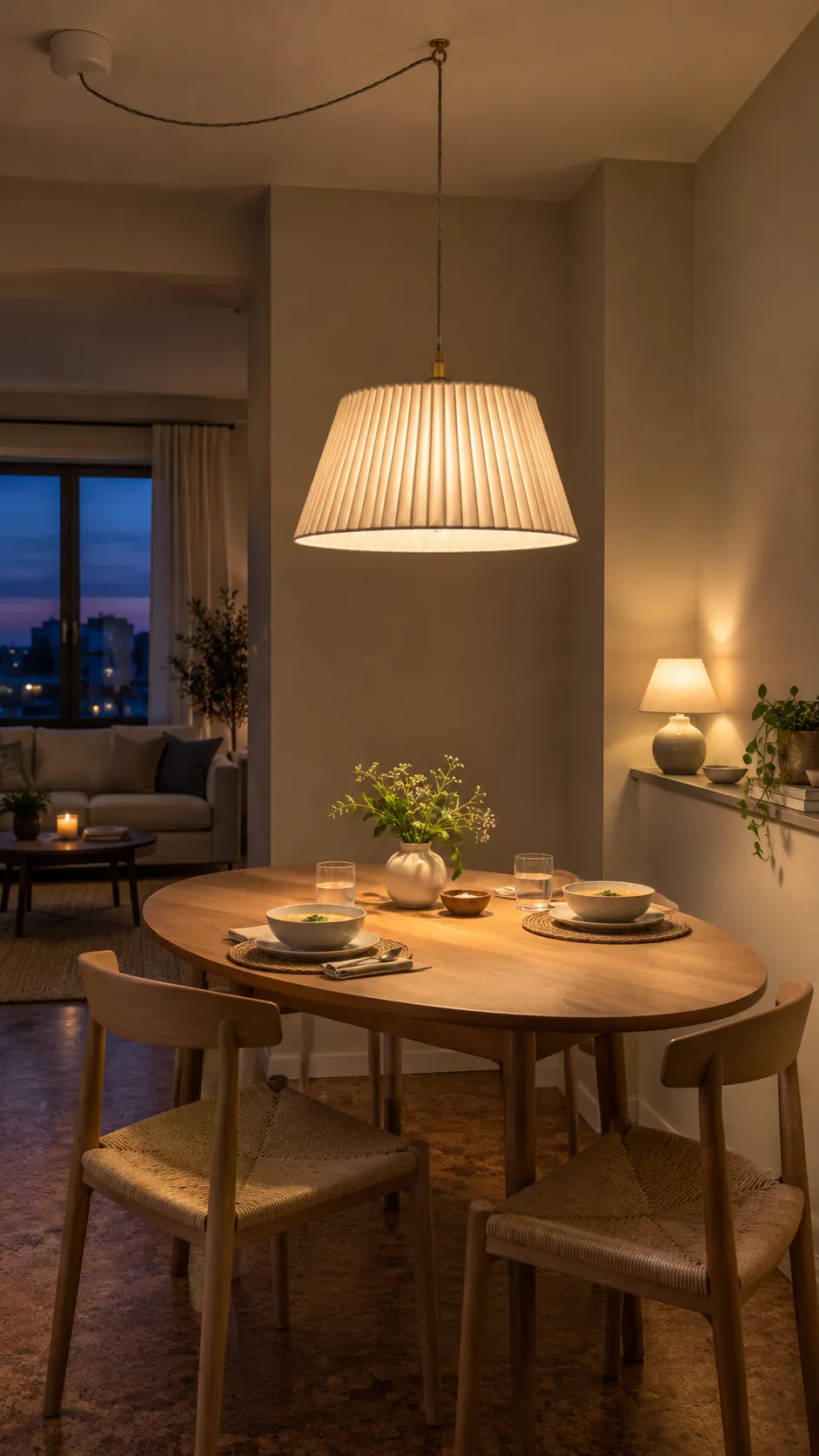 Warm pendant light centered above a compact dining nook table