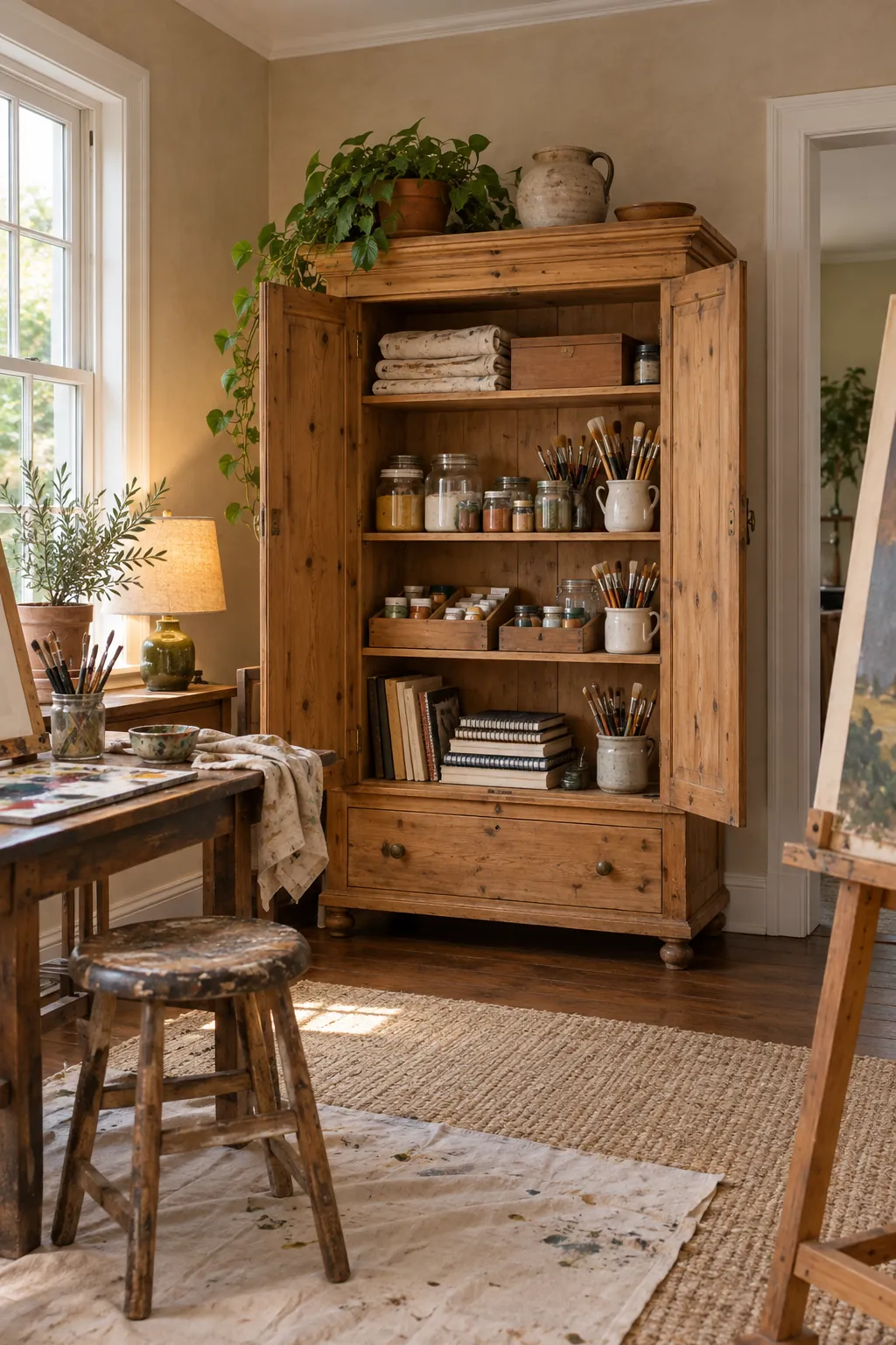Hide Supplies in a Vintage Cabinet in a comfortable residential home art room