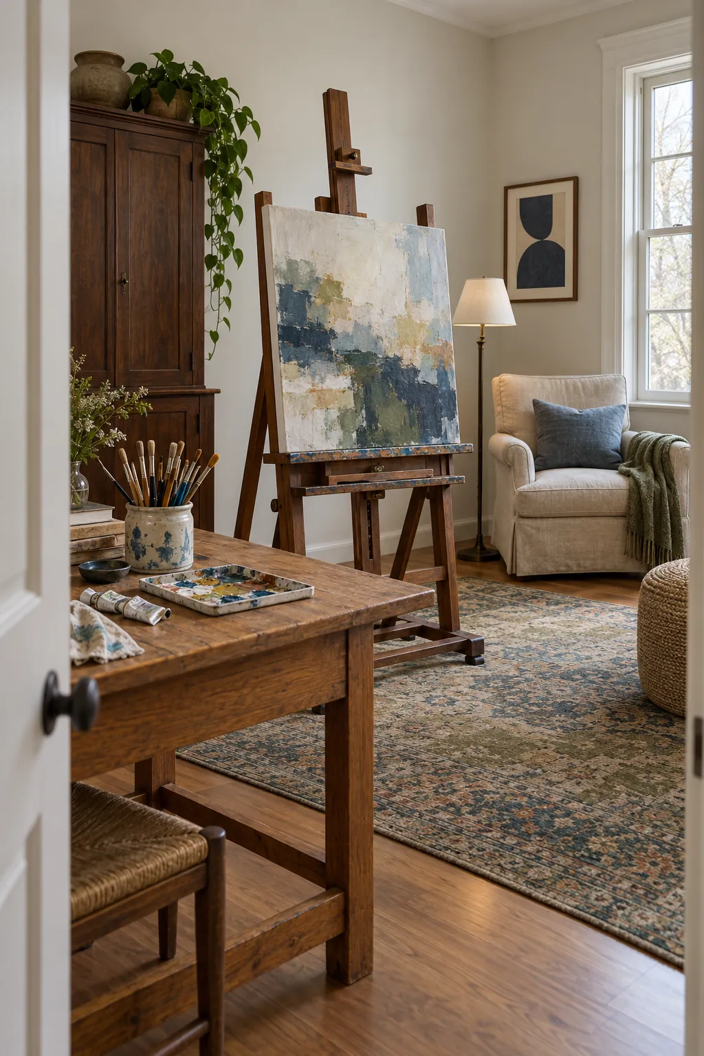 Inviting home art room with residential furniture and organized painting storage