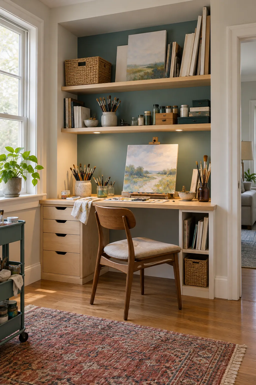 Build Storage Around Daily Reach in a comfortable residential home art room