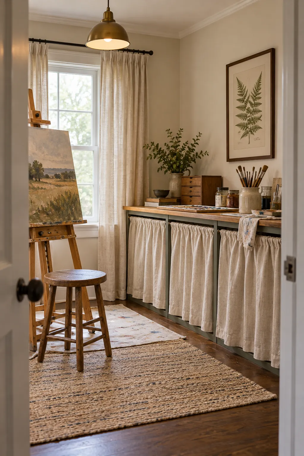 Use Curtains to Soften Storage in a comfortable residential home art room