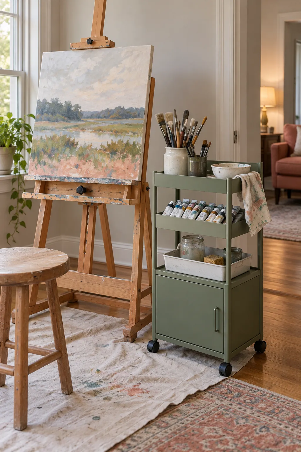 Keep a Rolling Cart Visually Quiet in a comfortable residential home art room