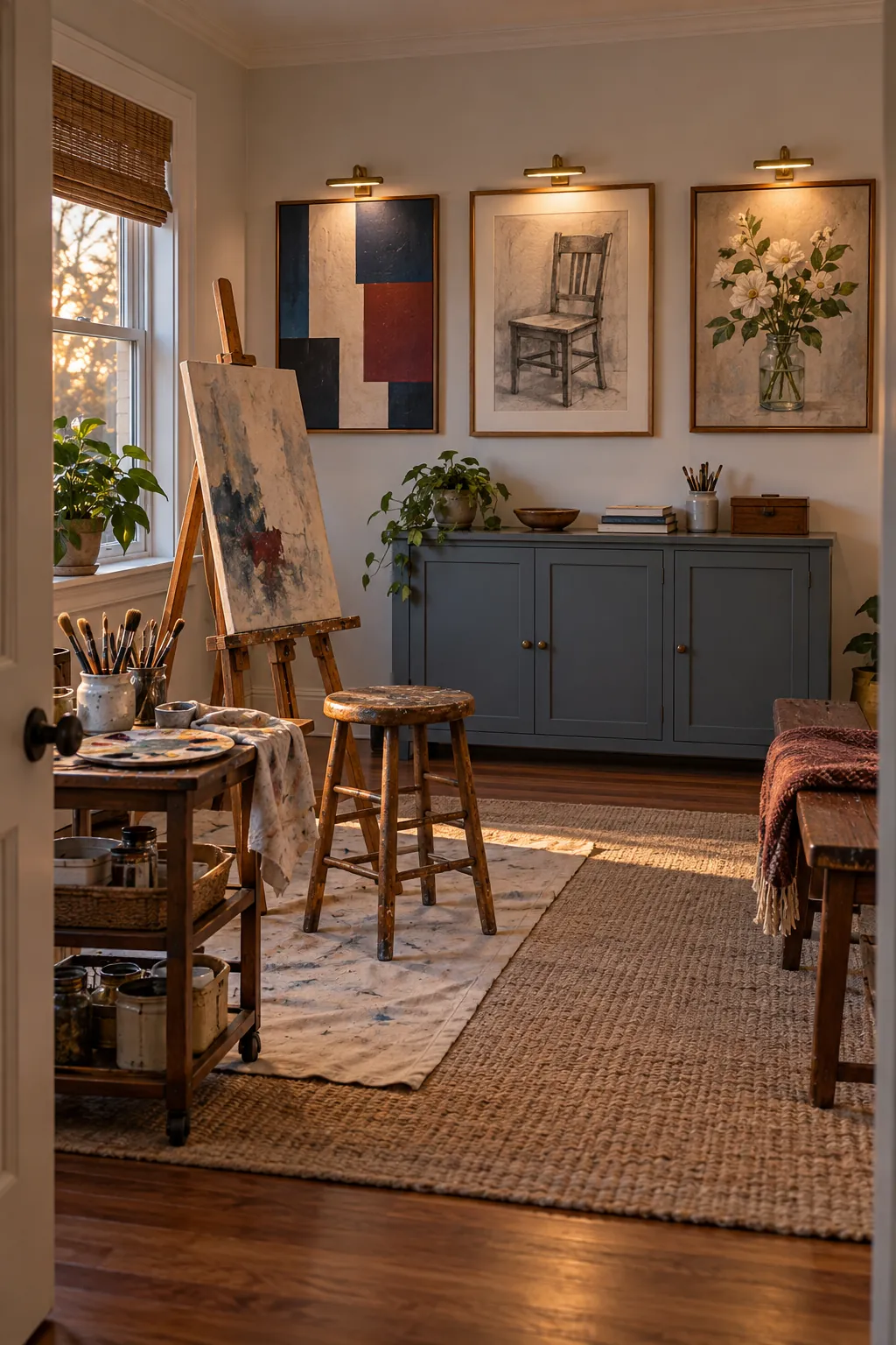 Display Only a Few Finished Pieces in a comfortable residential home art room