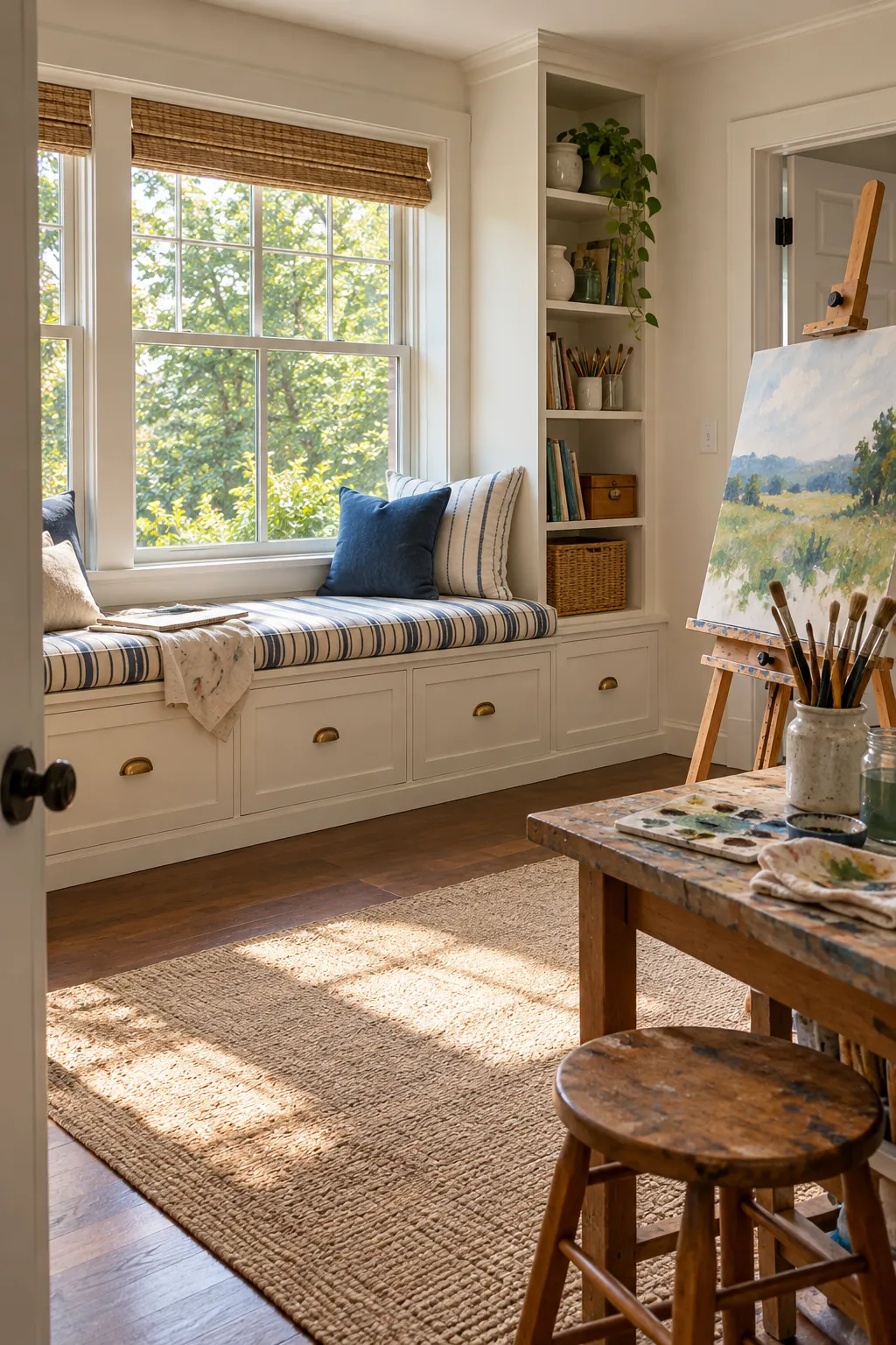 Make a Window Seat Do Double Duty in a comfortable residential home art room
