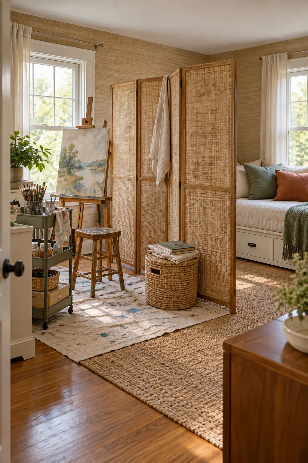 Use a Folding Screen for Flexible Separation in a comfortable residential home art room