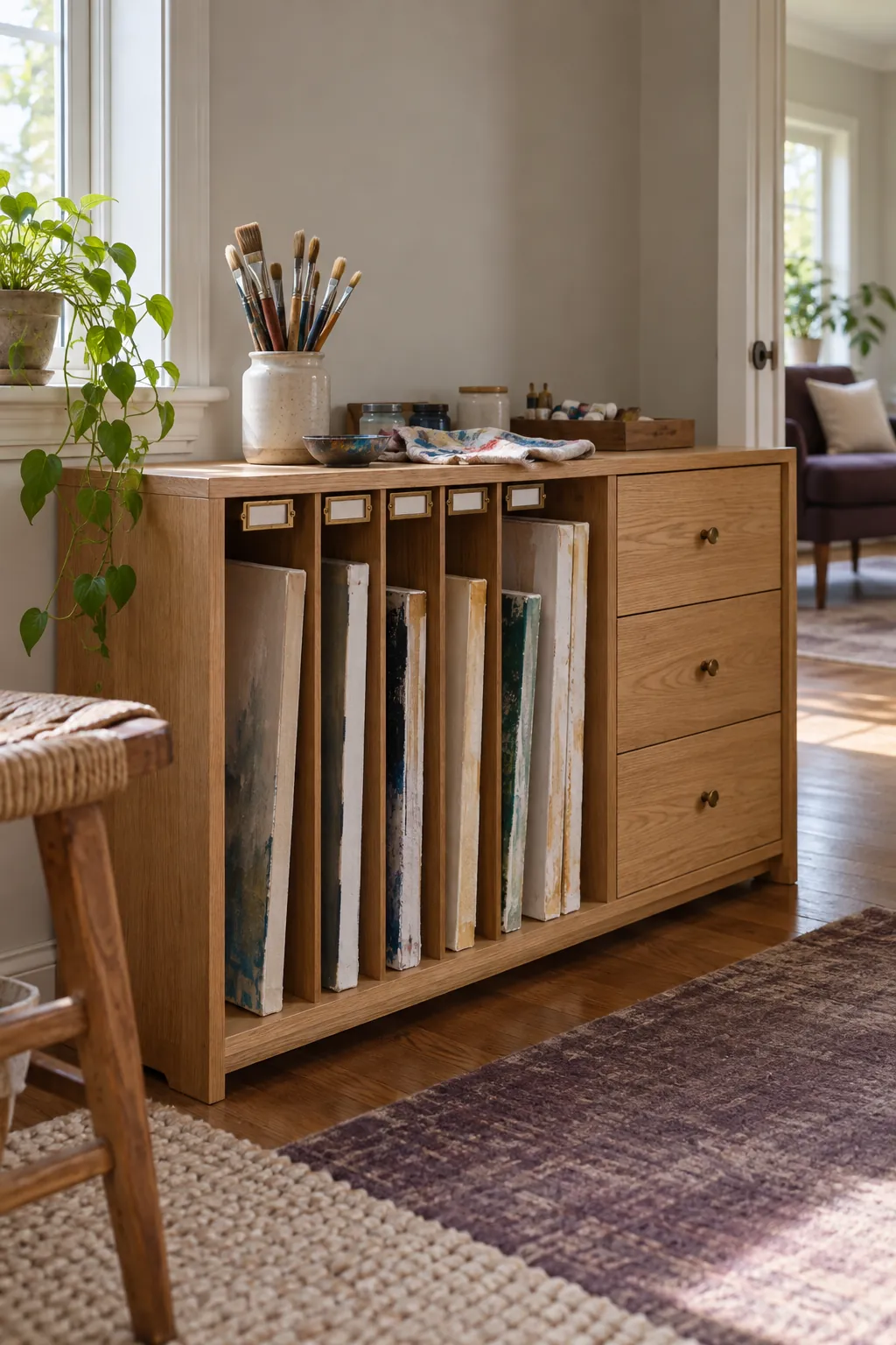Store Canvases Like Records in a comfortable residential home art room