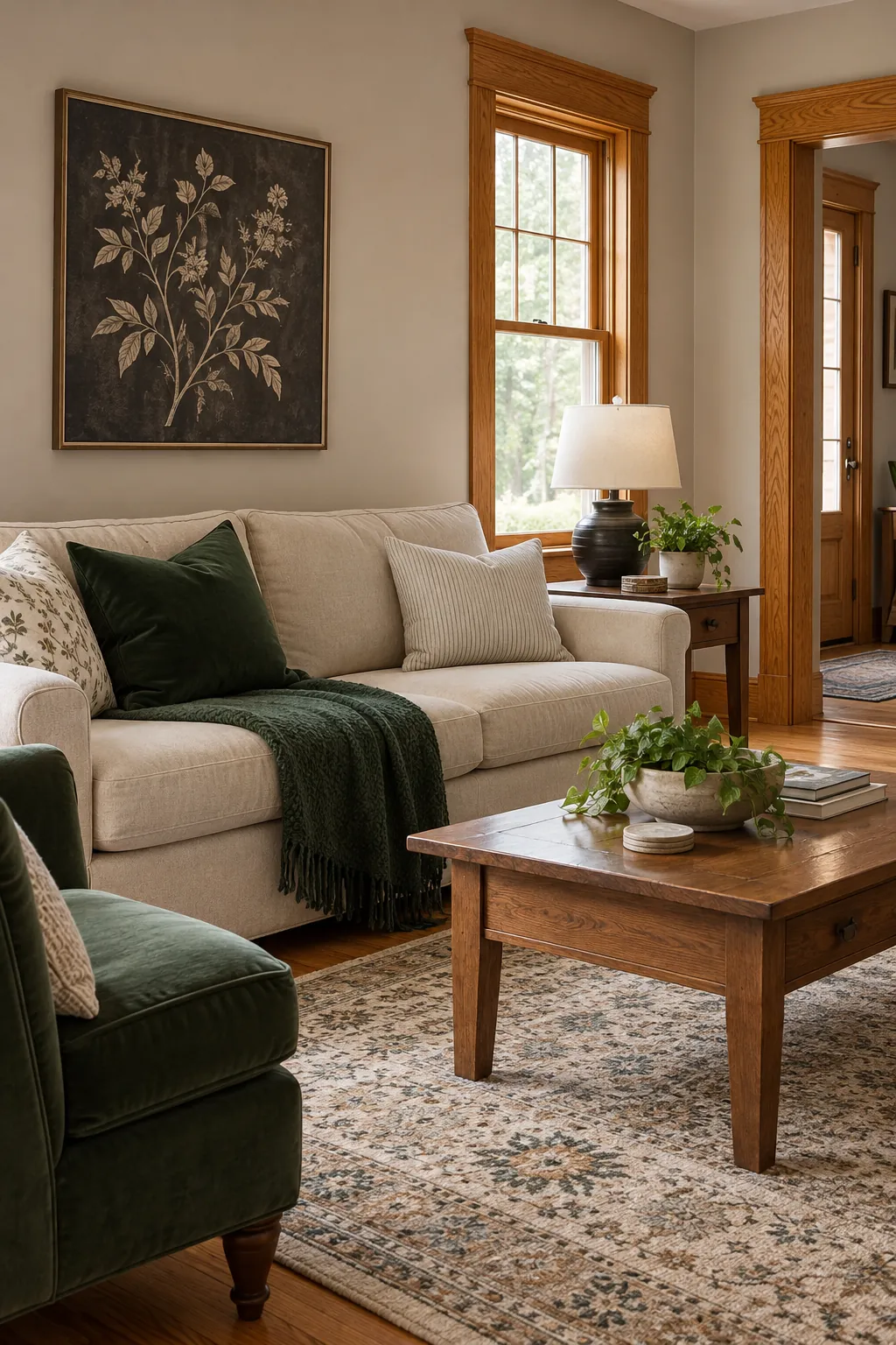 Honey oak living room styled with forest green accents