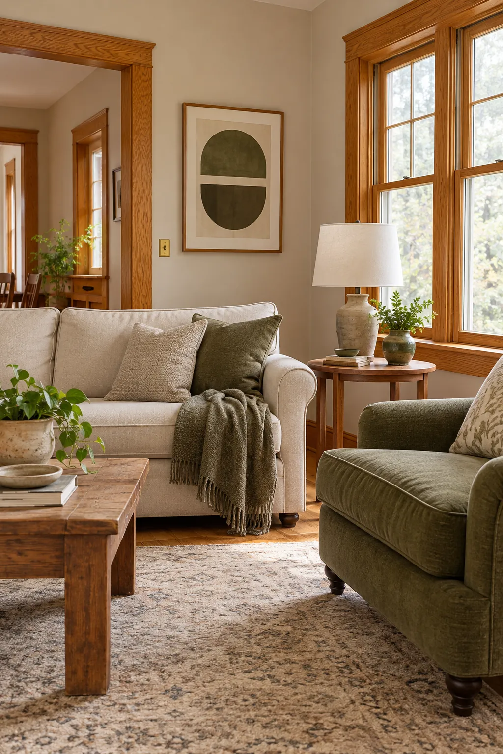 Honey oak living room styled with olive green accents