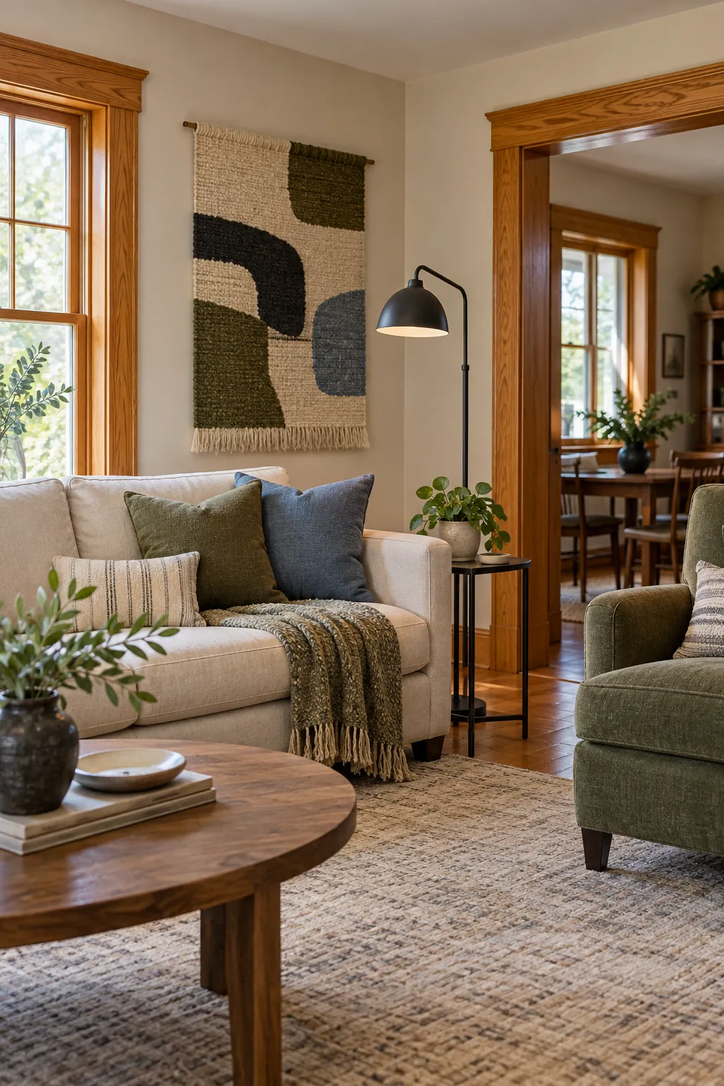 Honey oak living room balanced with olive cream blue and charcoal accents