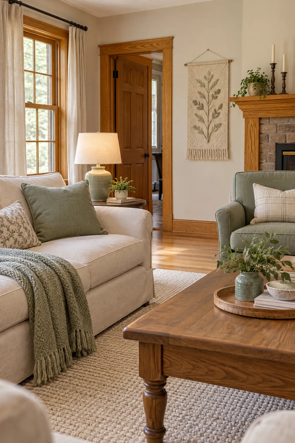 Honey oak living room styled with soft sage accents
