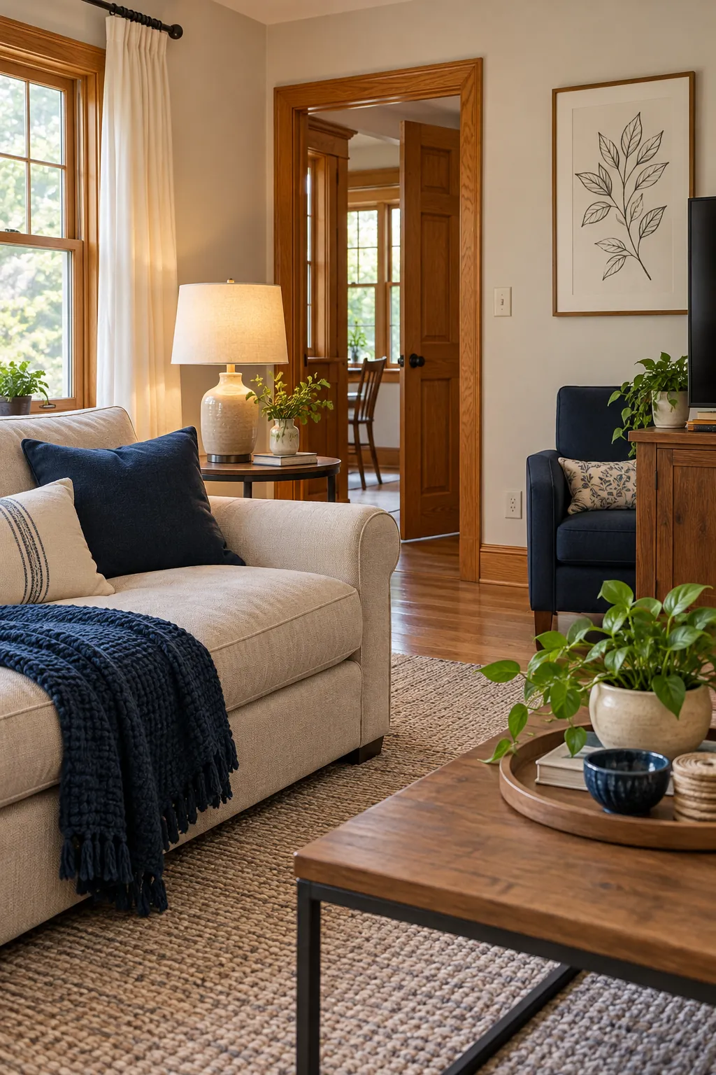 Honey oak living room styled with inky navy accents