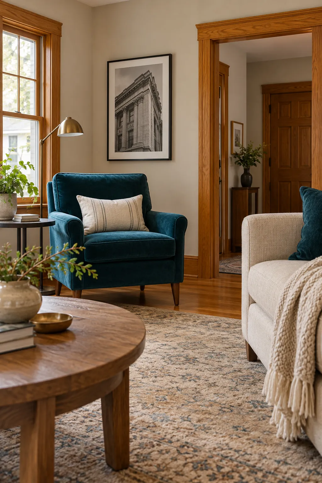Honey oak living room styled with deep teal accents