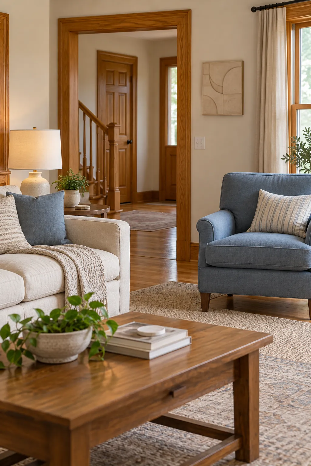 Honey oak living room styled with dusty blue accents