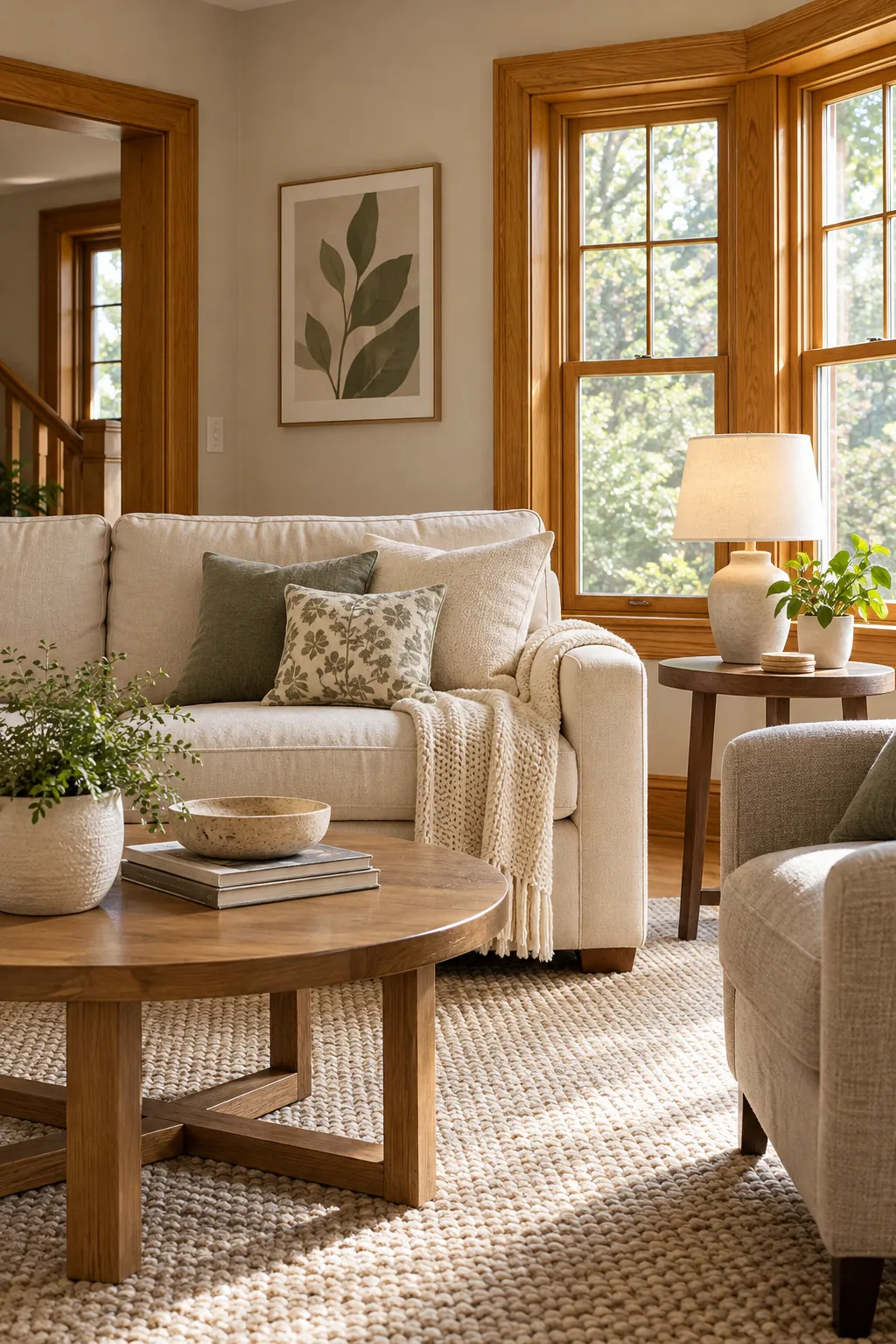 Honey oak living room styled with warm ivory accents