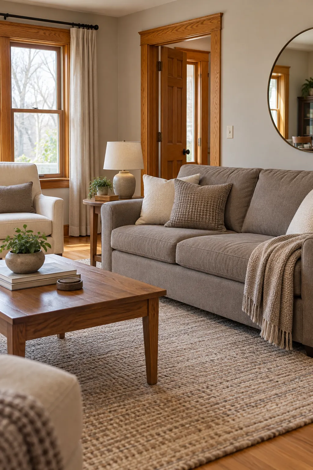 Honey oak living room styled with mushroom taupe accents